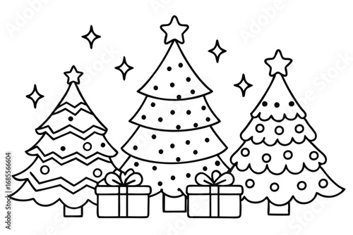 Festive Christmas Scene with Decorated Trees and Gifts