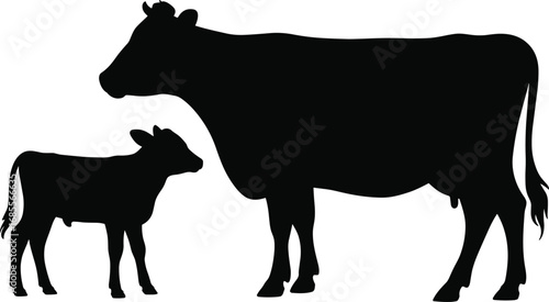 Silhouette vector illustration of cow and calf standing together, black livestock animal shapes for farm, dairy, ranch, agriculture, motherhood, and pastoral design