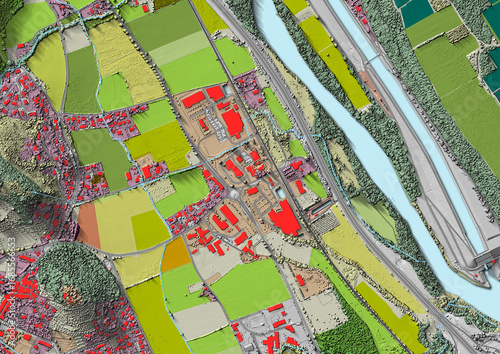 Concept de fond géographique - Données lidar HD - Vue aérienne de la topographie et occupation du sol d'un territoire - Rendu 2d modèle numérique de terrain et nuage de points Lidar HD