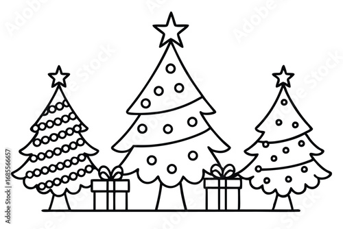 Festive Christmas Scene with Decorated Trees and Gifts