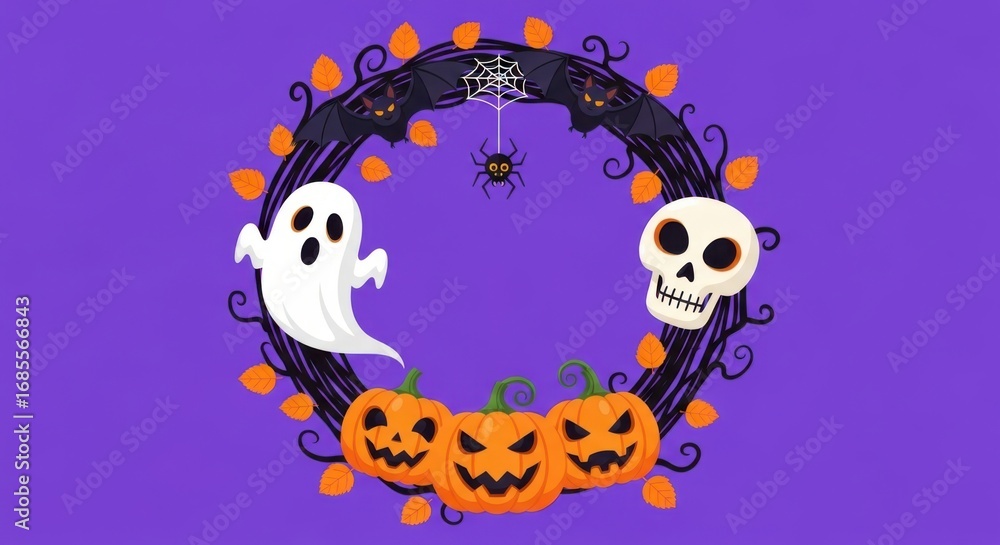 Obraz premium Halloween wreath with ghost, skull, and pumpkins on purple background