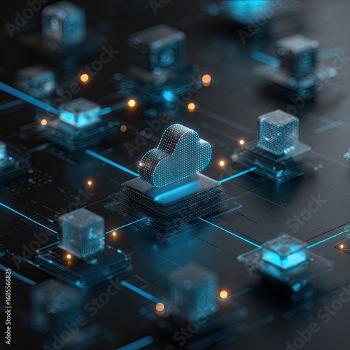 Cloud computing grid featuring a prominent cloud symbol on layered hardware