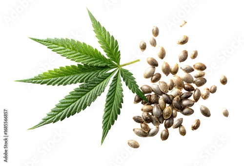 Green cannabis leaf beside scattered seeds