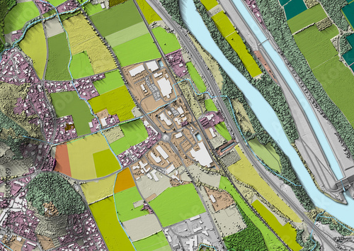 Concept de fond géographique - Données lidar HD - Vue aérienne de la topographie et occupation du sol d'un territoire - Rendu 2d modèle numérique de terrain et nuage de points Lidar HD