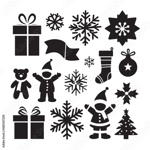 Vector art of assortment of christmas symbols featuring snowflakes, gift boxes, teddy bear, santa claus, christmas tree, and stocking