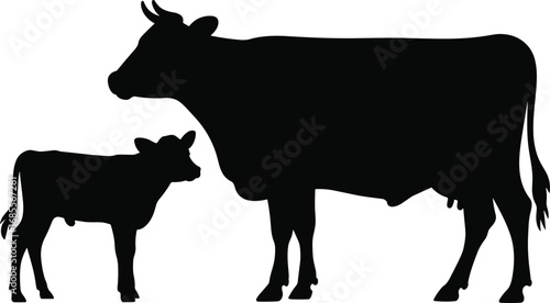 Silhouette of cow and calf, farm animal vector illustration, domestic livestock artwork, mother and baby cow graphic for rural agricultural design