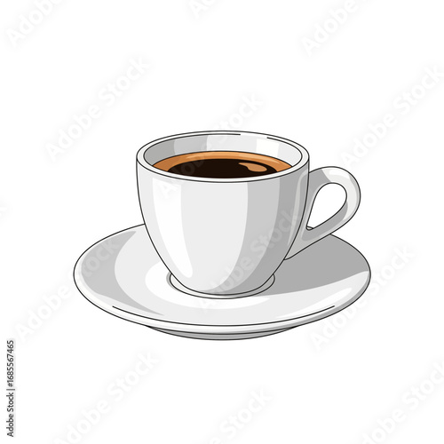 Minimalist cartoon illustration of a hot cup of black coffee or espresso in a white ceramic demitasse on a saucer, isolated on a white background for design