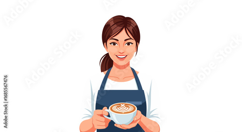 A cheerful female barista in a blue apron presents a perfectly crafted cup of coffee with latte art, symbolizing warm hospitality and professional service in the cafe industry