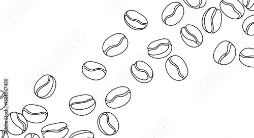 Minimalist black and white line art of scattered coffee beans on a clean background. Vector illustration for cafe menus and coffee shop branding