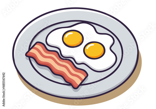 A charming breakfast icon featuring fried eggs and bacon on a plate. Simple, flat design with a pastel purple background. Perfect for apps, websites, and digital marketing.