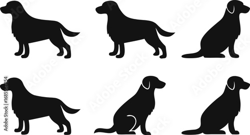 Collection of black labrador retriever dog silhouettes in various standing and sitting poses