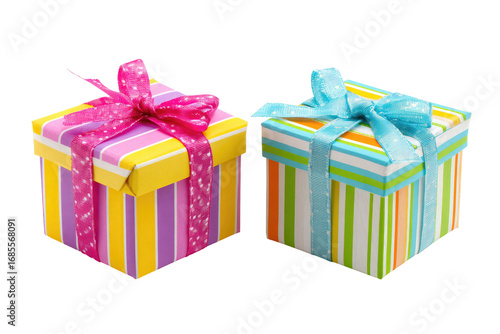 Two colorful gift boxes, striped with various colors, tied with ribbons