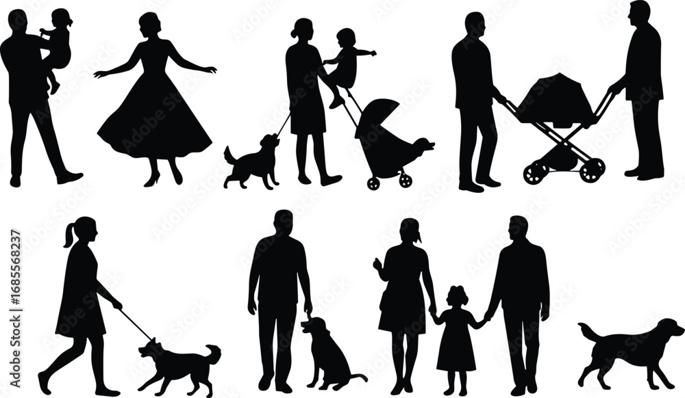 Obraz premium Silhouette vector of family activities with children and dogs, parents walking, playing, holding hands, stroller, outdoor lifestyle, love, parenting, bonding illustration