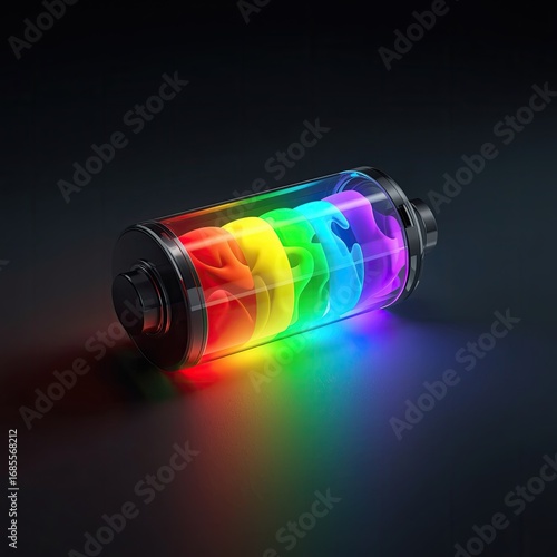 A vibrant, illuminated battery design with swirling rainbow hues, floating against a dark backdrop, showcasing innovation and energy.