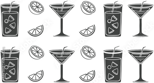 Hand drawn sketch pattern of cocktails and citrus slices on white background