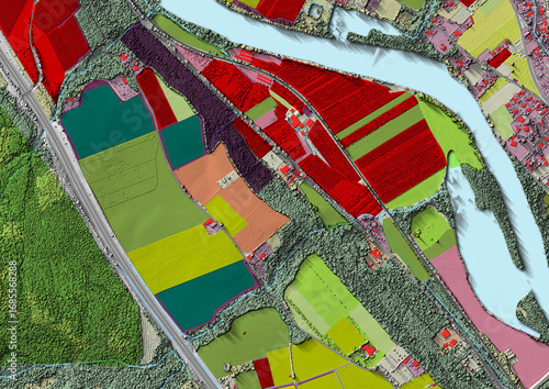 Concept de fond géographique - Données lidar HD - Vue aérienne de la topographie et occupation du sol d'un territoire - Rendu 2d modèle numérique de terrain et nuage de points Lidar HD