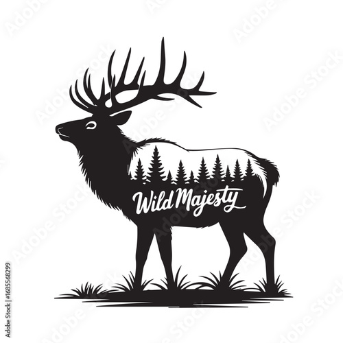 Elk Silhouette with Double Exposure Forest and Wild Majesty Text