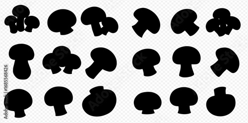 A diverse collection of black mushroom silhouettes presented in various shapes and orientations on a transparent background.