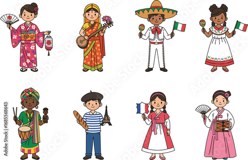 Children in traditional costumes, cultural diversity illustration, global heritage, international outfits, ethnic celebration, multicultural unity, world culture clipart, happy kids
