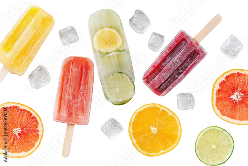 Colorful popsicles and fruit slices with ice cubes