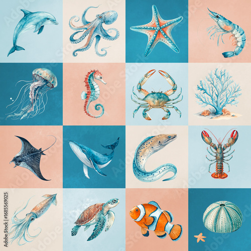 Vintage Marine Life and Sea Animals Illustration Collage