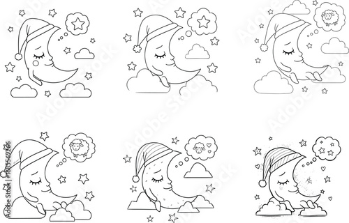 Sleeping moon cartoon drawings, cute night clipart, kawaii dream scenes, baby bedtime elements, stars, clouds, sheep, peaceful illustrations