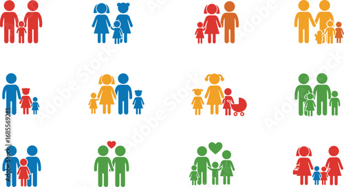 Collection of colorful family icon illustrations with parents and children, symbolizing love, unity, parenting, support, togetherness, relationship bonding, happiness, and family care