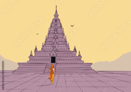 A serene monk walks towards a majestic Buddhist temple in a vast landscape. The image evokes reverence and spiritual contemplation. A subtle, calming atmosphere.