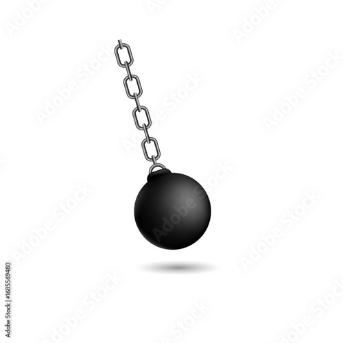 Black wrecking ball hangs from a chain, symbolizing destruction and demolition power.