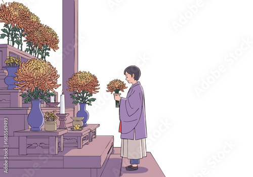 serene scene depicts a woman offering flowers at a temple altar Soft colors and a minimalist style create a peaceful and contemplative mood suitable for spiritual or wellness themes