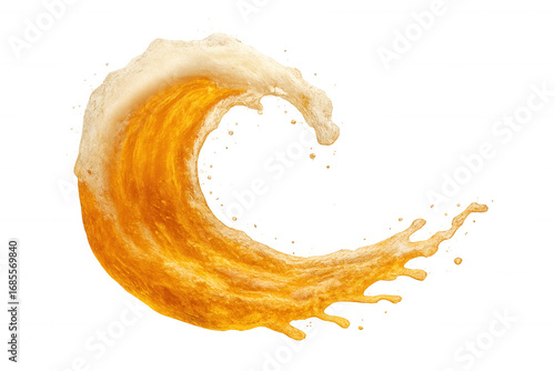 Golden beer splashing, creating dynamic foam wave, arching high with effervescent texture against crystal-clear backdrop