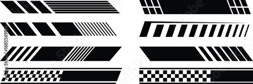 Racing car stripes set. Checkered flag, finish line, dynamic lines, and motocross labels for motorsport and automotive, sport decals, vehicle tuning stickers. Vector illustration