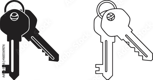 Collection of house keys and door lock icons, black and white vector illustration for security, access, safety, property, home, office design