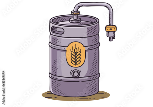 A stylized illustration of a keg brew source, showcasing a metallic barrel with tap. Clean, modern design with a purple background. Perfect for craft beer, beverage, or industrial themes.