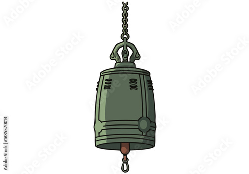 A stylized illustration of a Kiku bell reverence, featuring a green bell with a chain. Simple, elegant design with a muted pink background. Ideal for spiritual, cultural, or decorative themes.