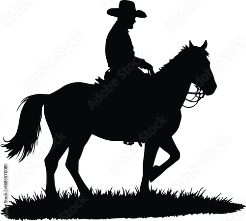 A clean and detailed silhouette of a cowboy riding a horse.