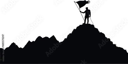 
A bold and powerful silhouette of a person standing on the summit of a high mountain peak. 