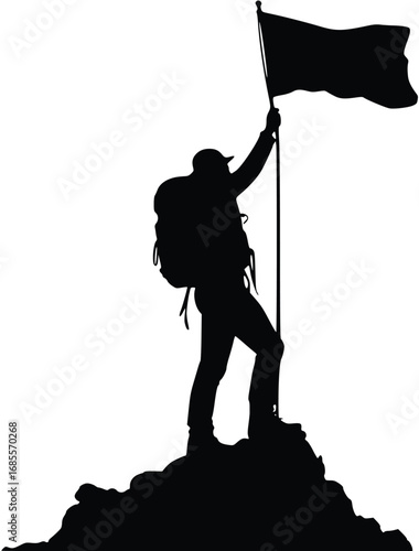 A bold and inspiring silhouette of a hiker or mountaineer standing triumphantly on a mountain peak. 