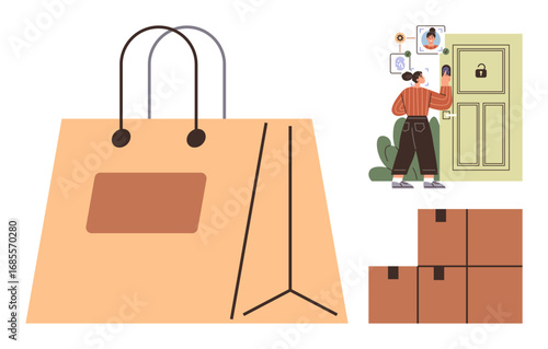 Large shopping bag, person unlocking door with smart lock, cardboard boxes. Ideal for e-commerce, logistics, delivery services, smart home, shopping online security remote access. Clean simple