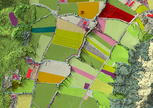 Concept de fond géographique - Données lidar HD - Vue aérienne de la topographie et occupation du sol d'un territoire - Rendu 2d modèle numérique de terrain et nuage de points Lidar HD
