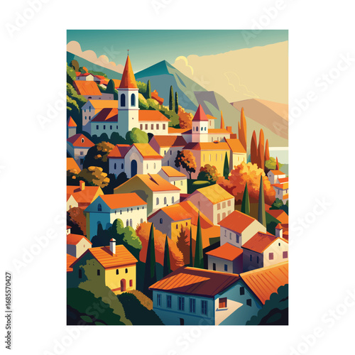 Vector illustration of a colorful town on a hillside