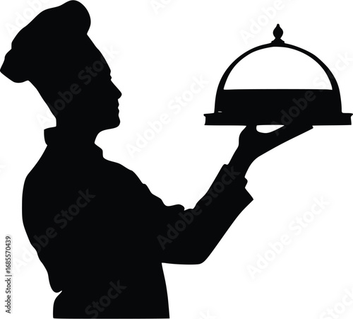 A simple and elegant silhouette of a chef holding a serving platter with a cloche.