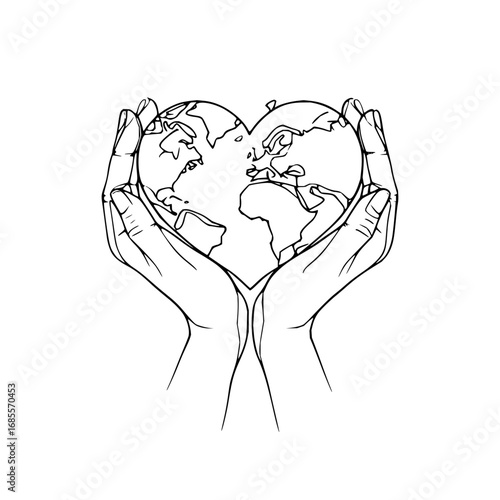 Earth day love hand drawn vector illustration of hands holding earth globe in heart shape line art drawing 100