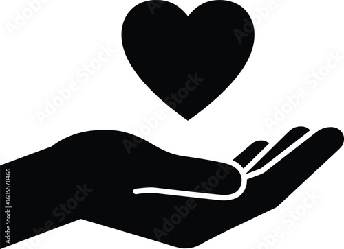 Charity support vector illustration with hand holding heart, love donation symbol, healthcare compassion design, kindness, volunteer help, giving care, community assistance graphic