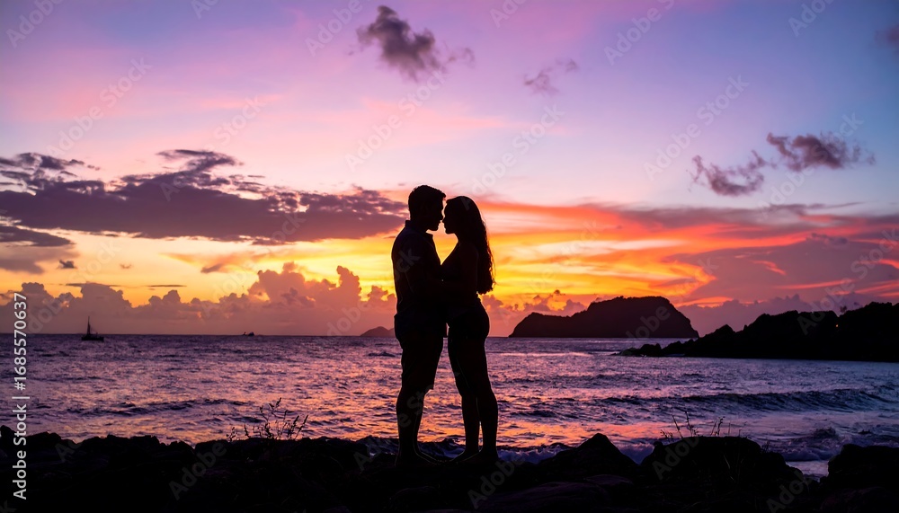 Fototapeta premium Silhouette couple embracing at sunset