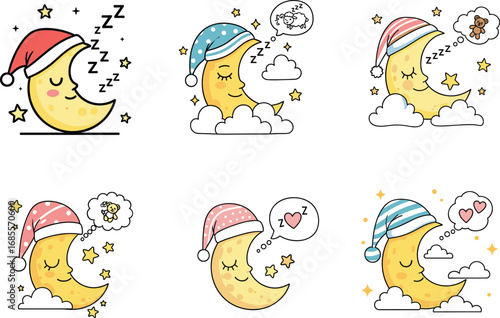 Cute cartoon moon sleeping, kawaii bedtime illustrations, night sky dreams, baby sleep design, peaceful stars, clouds, sweet dream symbols