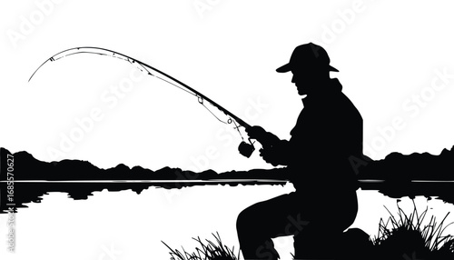 A dynamic, high-contrast silhouette of a man fishing by the water's edge. 