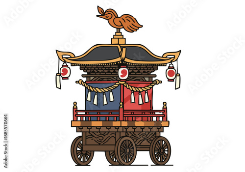 stylized Dajiri festival icon depicts a traditional Japanese wheeled platform adorned with lanterns and ornaments Clean minimalist line art 