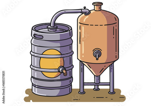 stylized illustration depicts a brewery keg and tap system Clean lines modern design and a pastel purple background create a visually appealing and commercially viable graphic