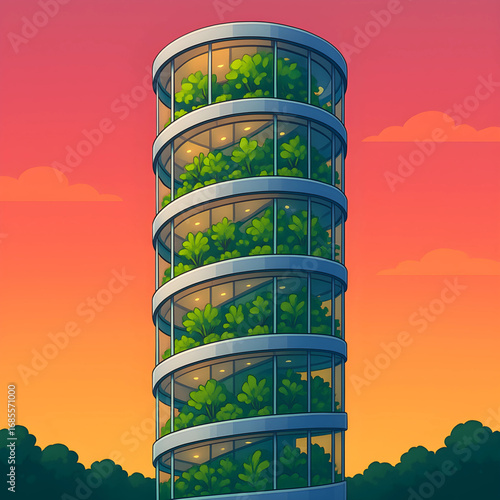 Futuristic cylindrical skyscraper with a spiral ramp showcasing a vertical farm with lush greenery during a beautiful sunset
